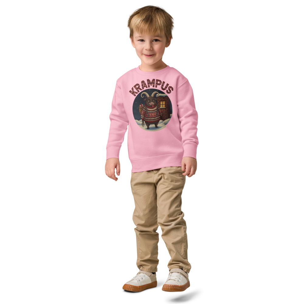 Krampus Toddler Ugly Christmas Sweater | Kids Crewneck Sweatshirt, Ages 2 to 7 Pink on-model boy
