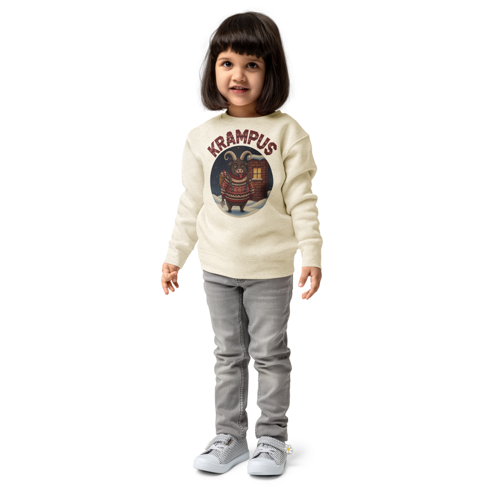 Krampus Toddler Ugly Christmas Sweater | Kids Crewneck Sweatshirt, Ages 2 to 7 Natural Heather on-model girl