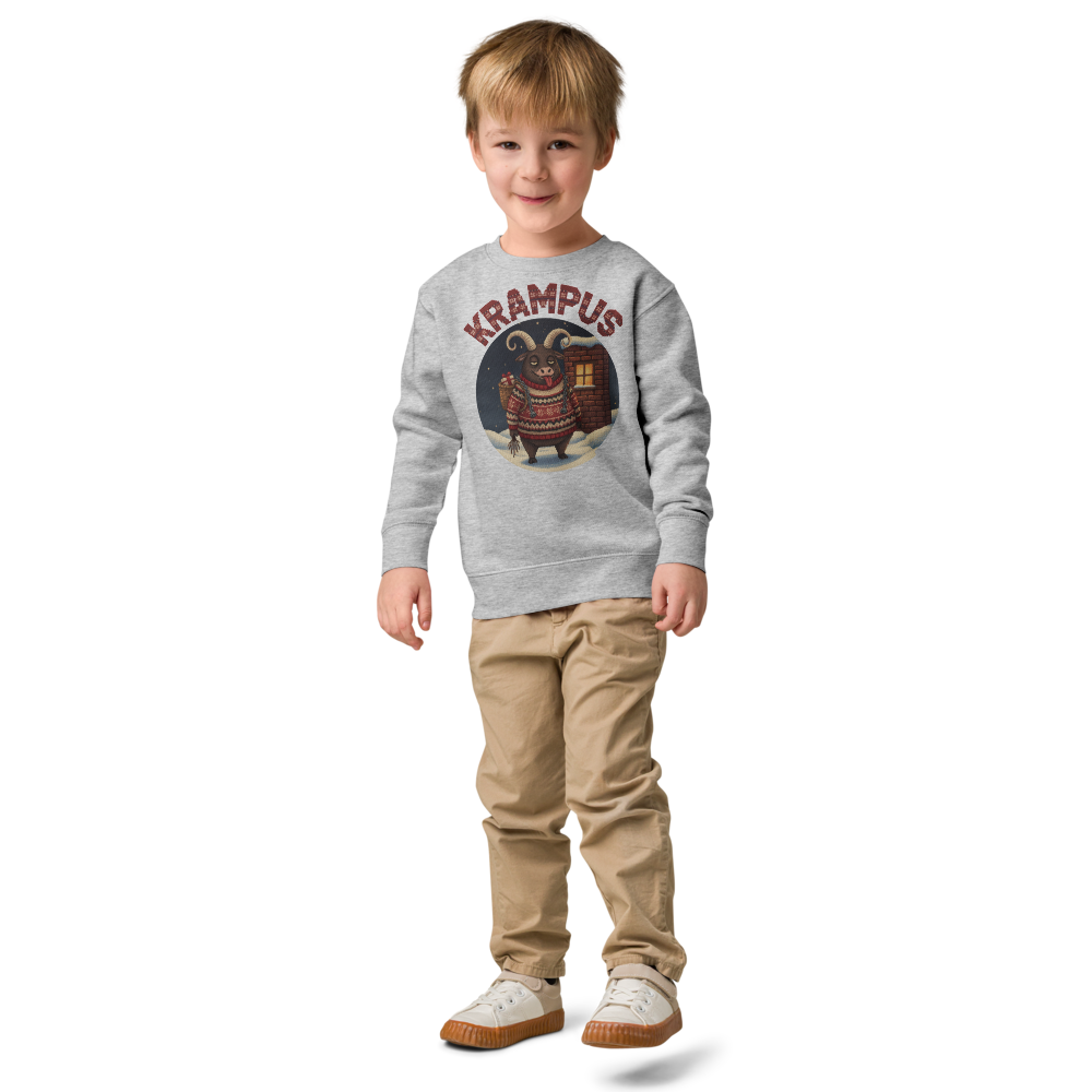 Krampus Toddler Ugly Christmas Sweater | Kids Crewneck Sweatshirt, Ages 2 to 7 Heather on-model boy