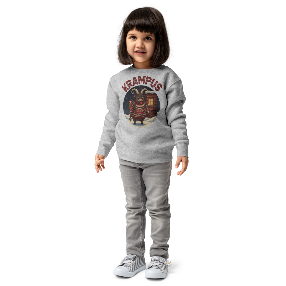 Krampus Toddler Ugly Christmas Sweater | Kids Crewneck Sweatshirt, Ages 2 to 7 Heather on-model girl