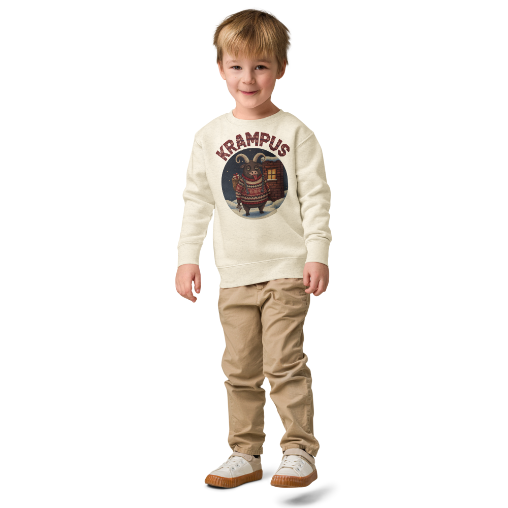 Krampus Toddler Ugly Christmas Sweater | Kids Crewneck Sweatshirt, Ages 2 to 7 Natural Heather on-model boy