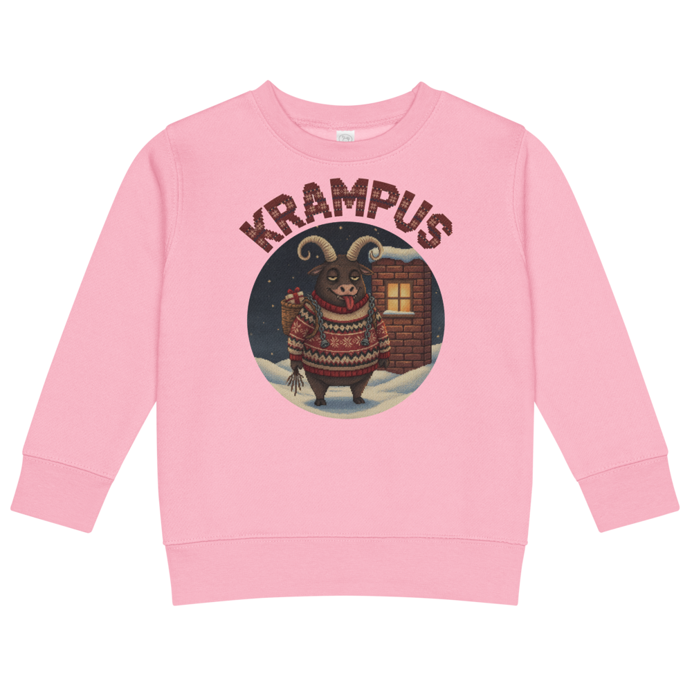 Krampus Toddler Ugly Christmas Sweater | Kids Crewneck Sweatshirt, Ages 2 to 7 Pink flat