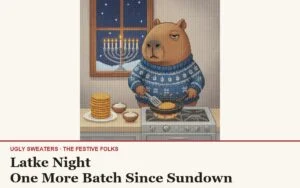 Latke Night: the capybara frying latkes in a blue Hanukkah sweater, stitched illustration