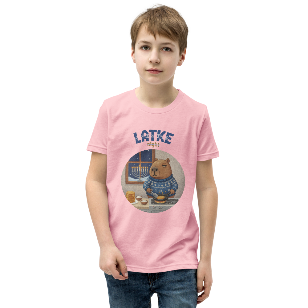 Latke Night Kids' Ugly Tee — Light Pink model