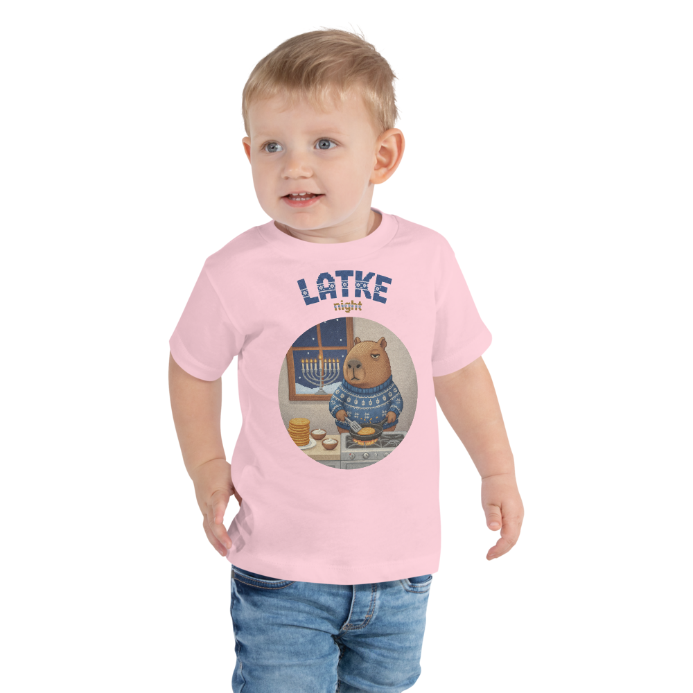 Latke Night Toddler Ugly Tee — Light Pink model