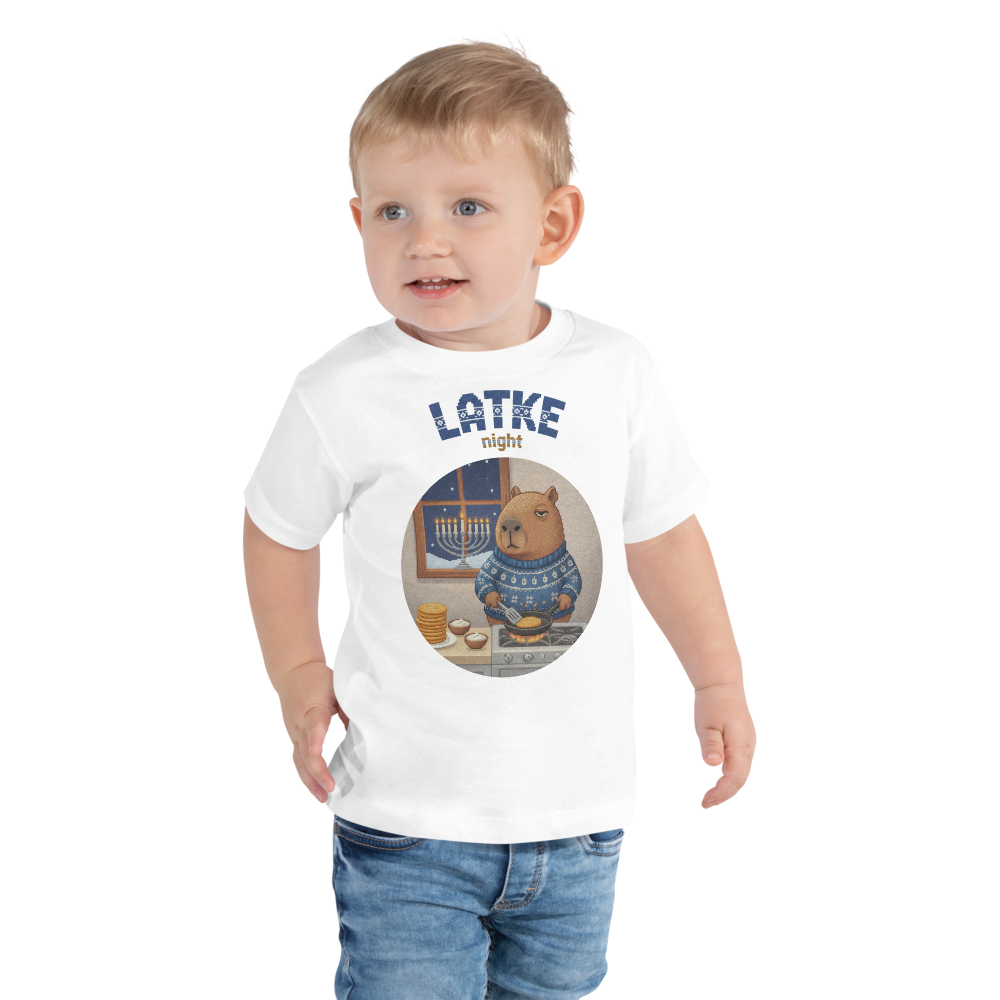 Latke Night Toddler Ugly Tee — Pure White model