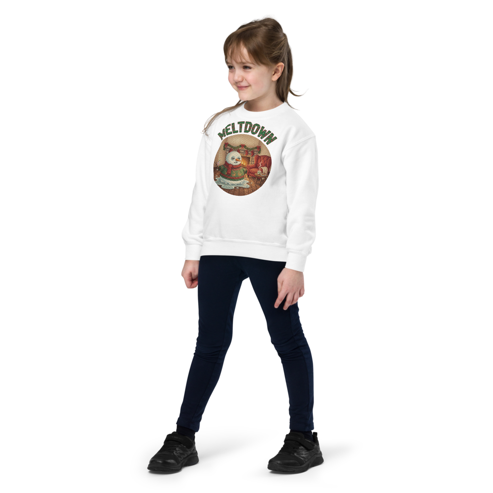 Meltdown Kids Ugly Christmas Sweater | Youth Crewneck Sweatshirt White on-model girl
