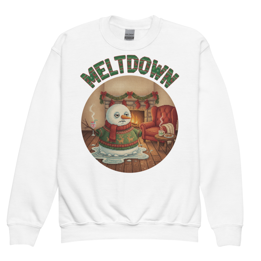 Meltdown Kids Ugly Christmas Sweater | Youth Crewneck Sweatshirt White flat