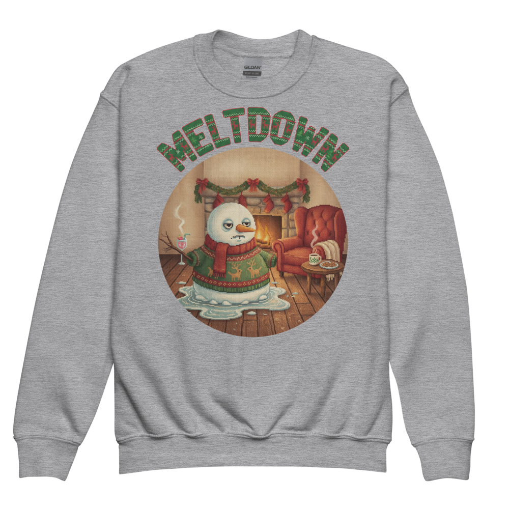 Meltdown Kids Ugly Christmas Sweater | Youth Crewneck Sweatshirt Sport Grey flat