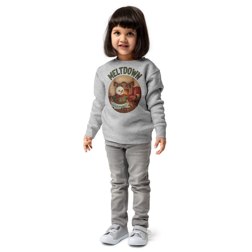 Meltdown Toddler Ugly Christmas Sweater | Kids Crewneck Sweatshirt, Ages 2 to 7 Heather on-model girl