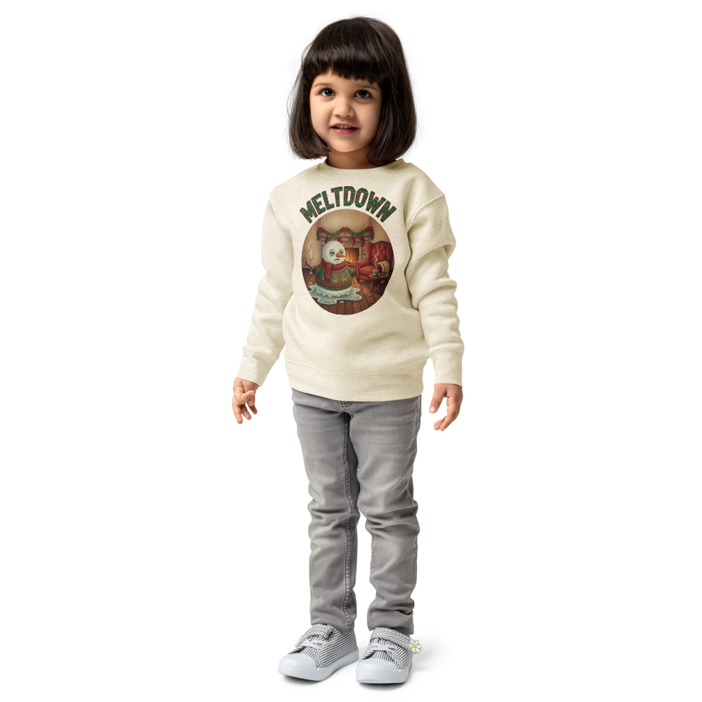 Meltdown Toddler Ugly Christmas Sweater | Kids Crewneck Sweatshirt, Ages 2 to 7 Natural Heather on-model girl