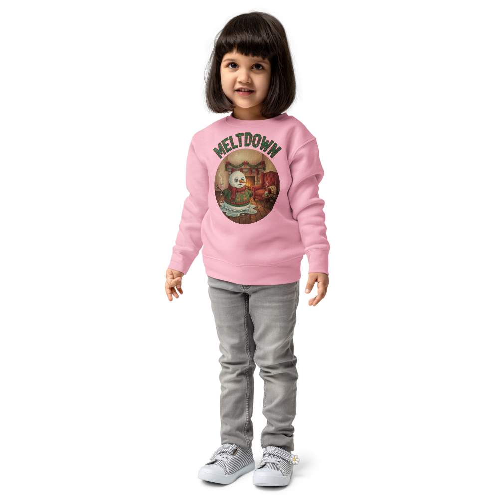 Meltdown Toddler Ugly Christmas Sweater | Kids Crewneck Sweatshirt, Ages 2 to 7 Pink on-model girl