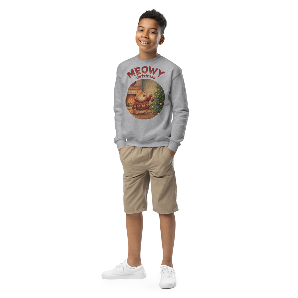 Meowy Christmas Kids Ugly Christmas Sweater | Youth Crewneck Sweatshirt Sport Grey on-model boy