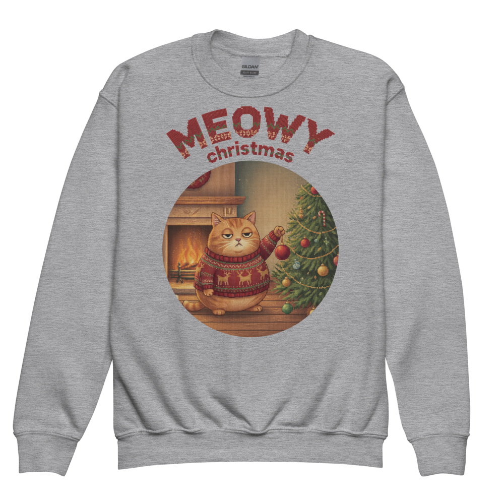 Meowy Christmas Kids Ugly Christmas Sweater | Youth Crewneck Sweatshirt Sport Grey flat