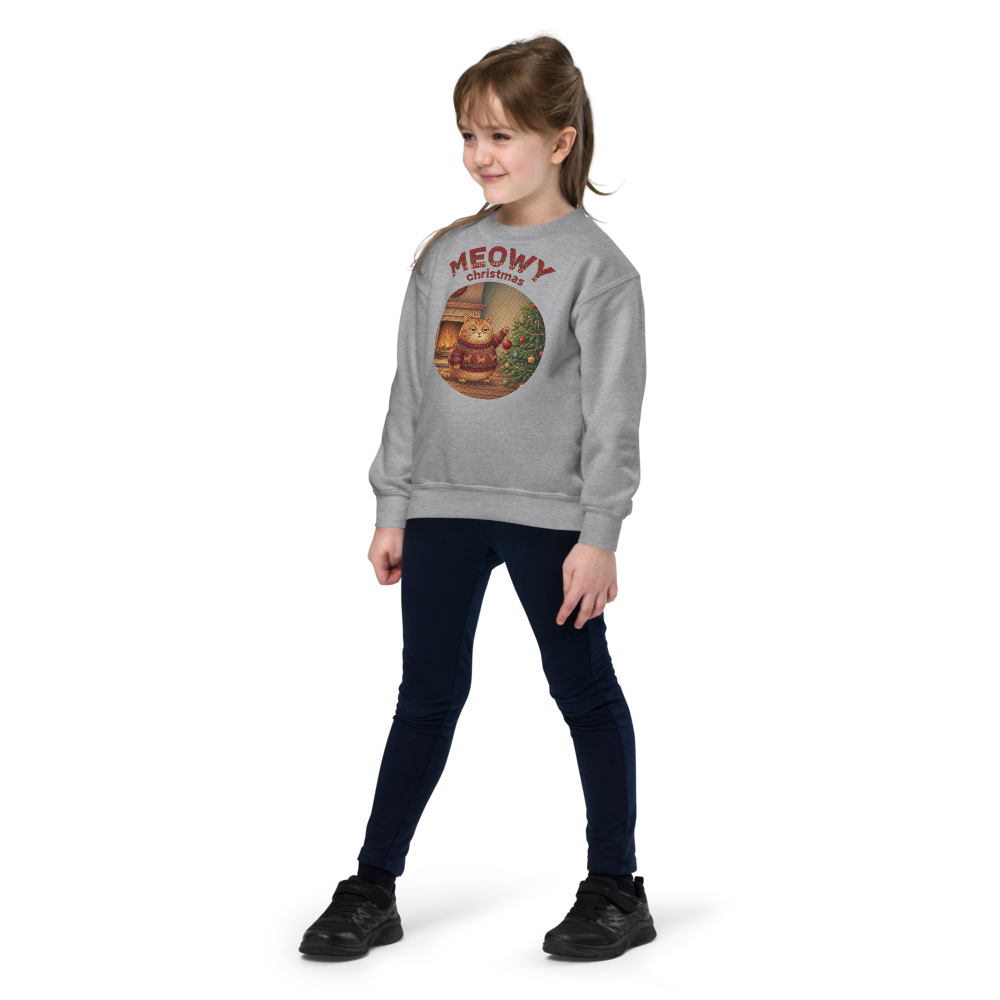 Meowy Christmas Kids Ugly Christmas Sweater | Youth Crewneck Sweatshirt Sport Grey on-model girl