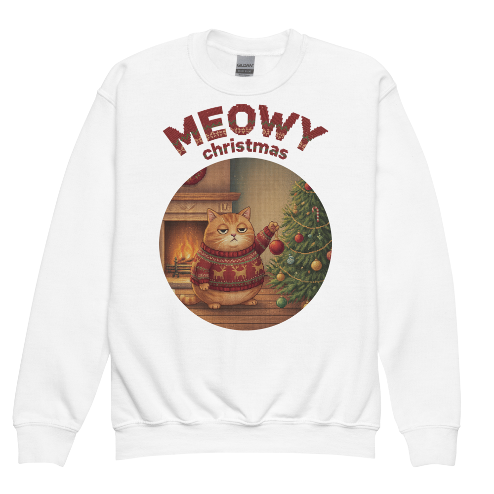 Meowy Christmas Kids Ugly Christmas Sweater | Youth Crewneck Sweatshirt White flat