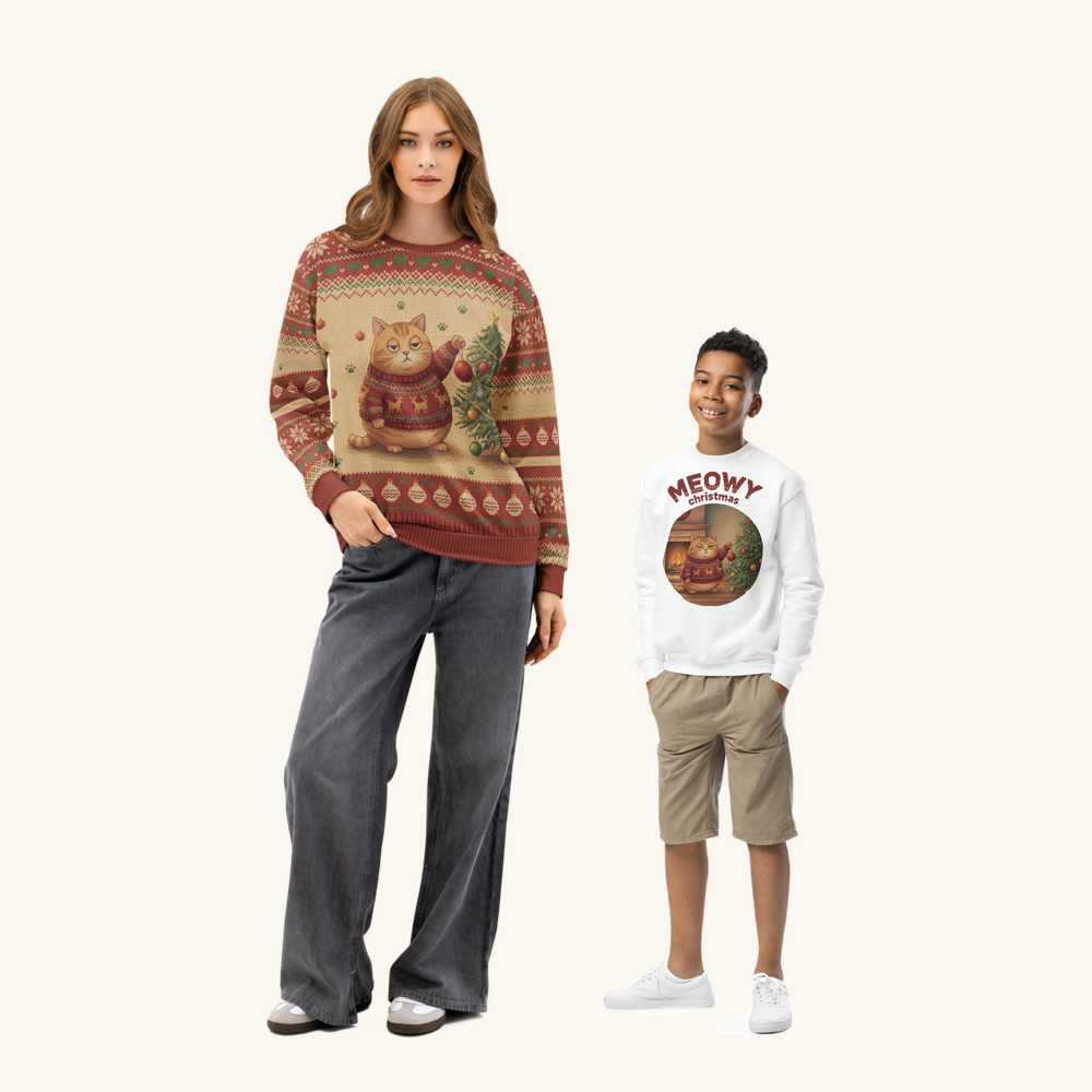 Meowy Christmas matching parent and child Christmas set, adult and child versions side by side