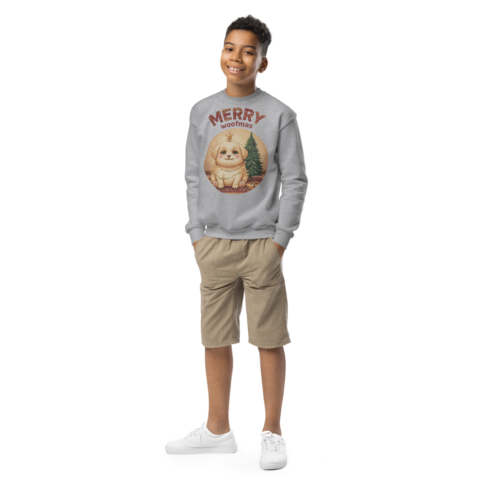 Merry Woofmas Kids Ugly Christmas Sweater | Youth Crewneck Sweatshirt Sport Grey on-model boy