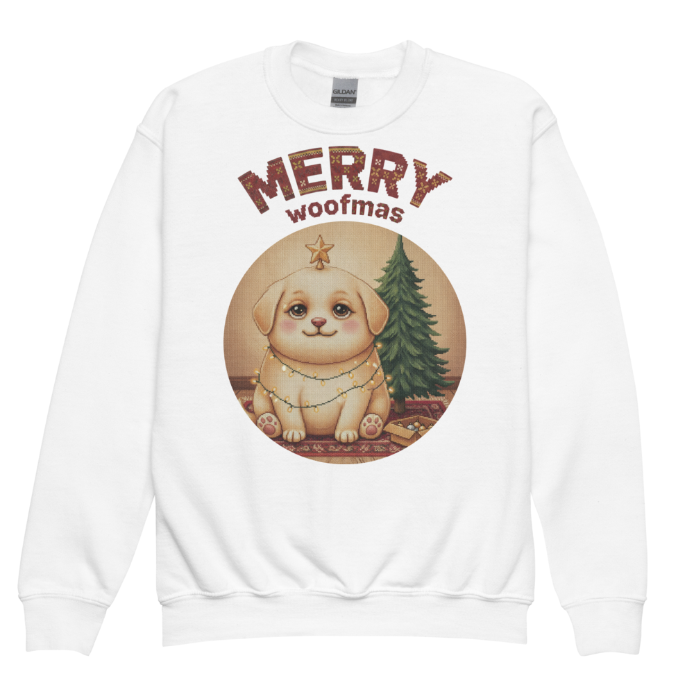 Merry Woofmas Kids Ugly Christmas Sweater | Youth Crewneck Sweatshirt White flat
