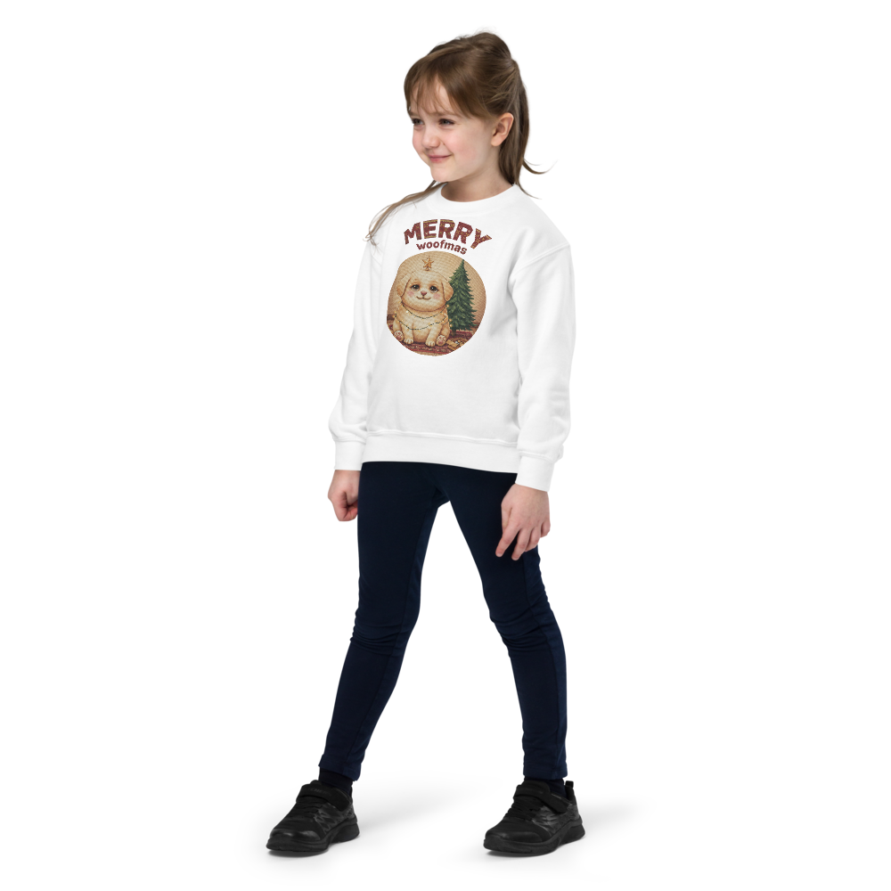 Merry Woofmas Kids Ugly Christmas Sweater | Youth Crewneck Sweatshirt White on-model girl