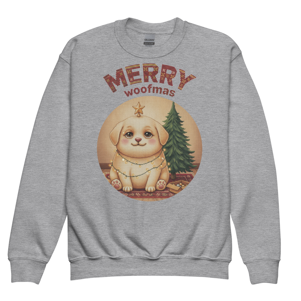 Merry Woofmas Kids Ugly Christmas Sweater | Youth Crewneck Sweatshirt Sport Grey flat