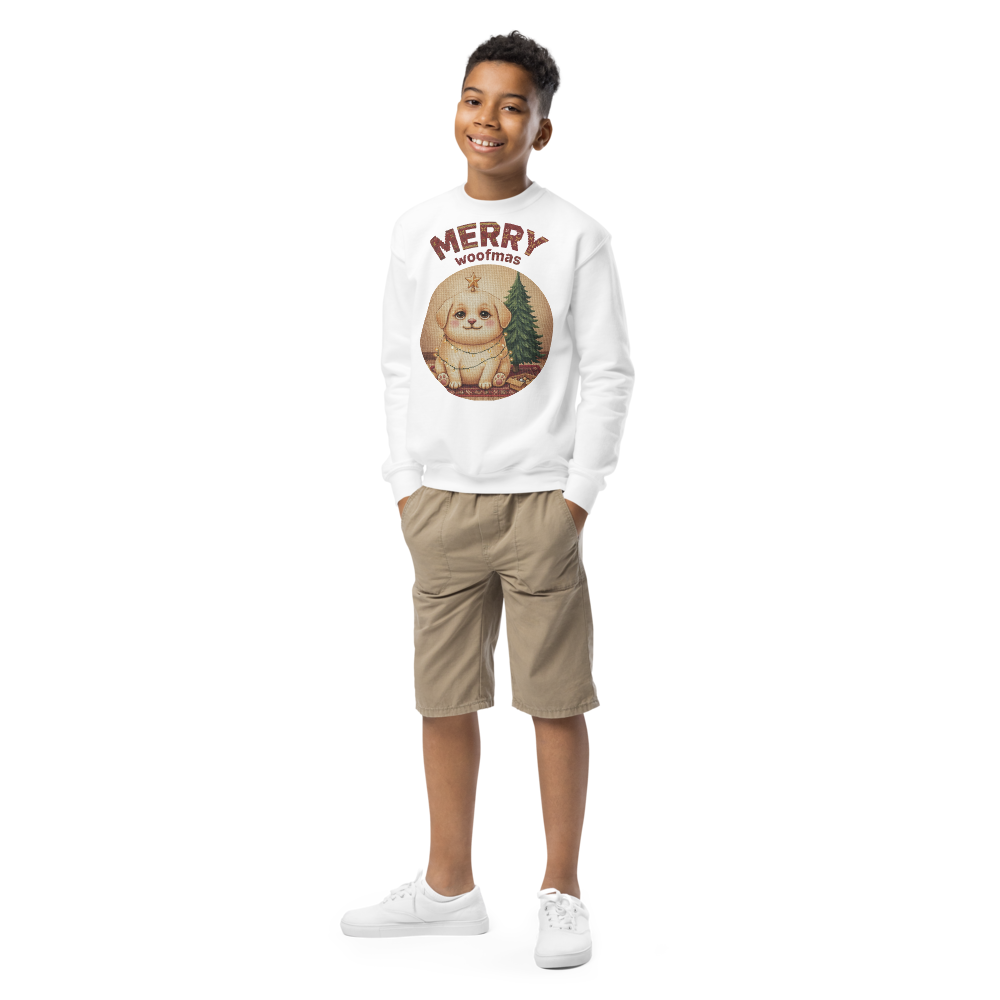 Merry Woofmas Kids Ugly Christmas Sweater | Youth Crewneck Sweatshirt White on-model boy