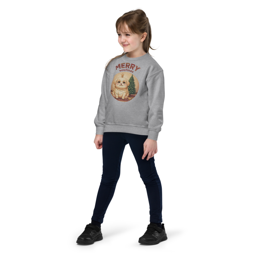 Merry Woofmas Kids Ugly Christmas Sweater | Youth Crewneck Sweatshirt Sport Grey on-model girl