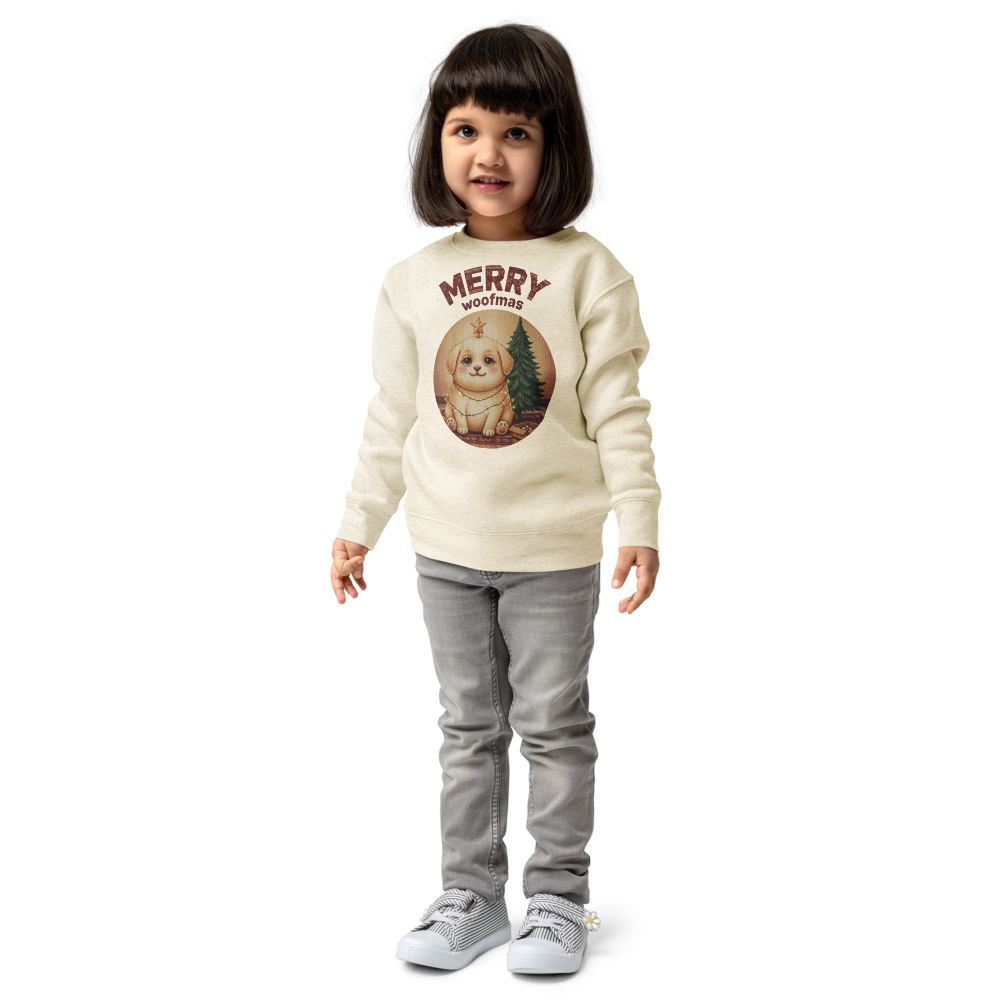 Merry Woofmas Toddler Ugly Christmas Sweater | Kids Crewneck Sweatshirt, Ages 2 to 7 Natural Heather on-model girl