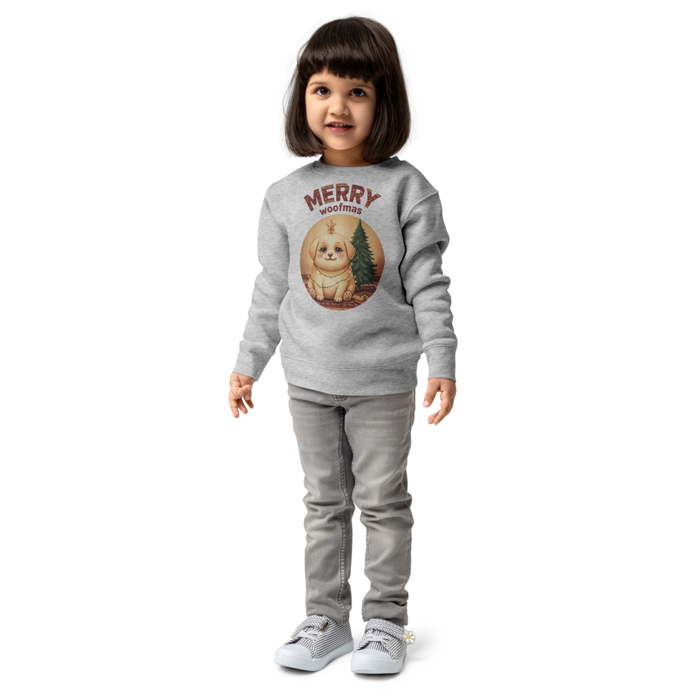 Merry Woofmas Toddler Ugly Christmas Sweater | Kids Crewneck Sweatshirt, Ages 2 to 7 Heather on-model girl