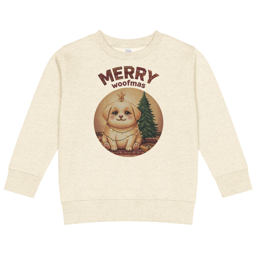 Merry Woofmas Toddler Ugly Christmas Sweater | Kids Crewneck Sweatshirt, Ages 2 to 7 Natural Heather flat