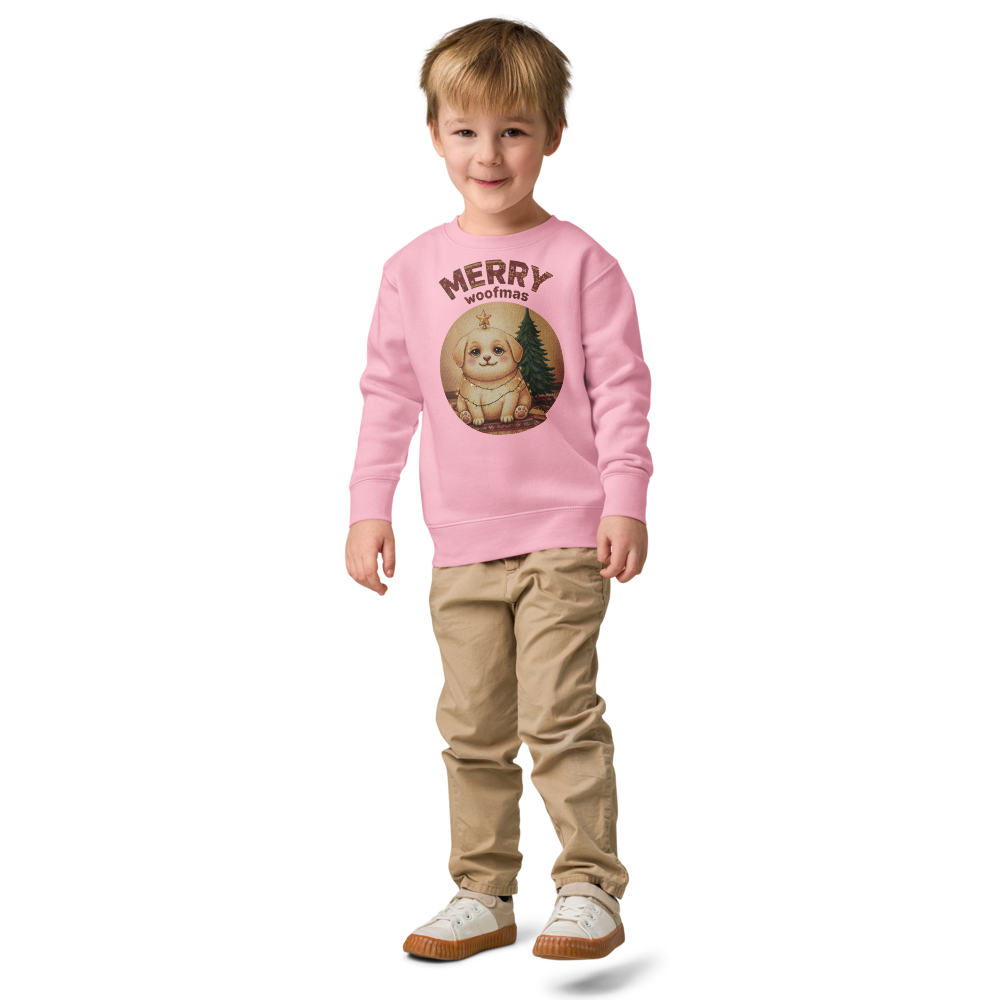 Merry Woofmas Toddler Ugly Christmas Sweater | Kids Crewneck Sweatshirt, Ages 2 to 7 Pink on-model boy