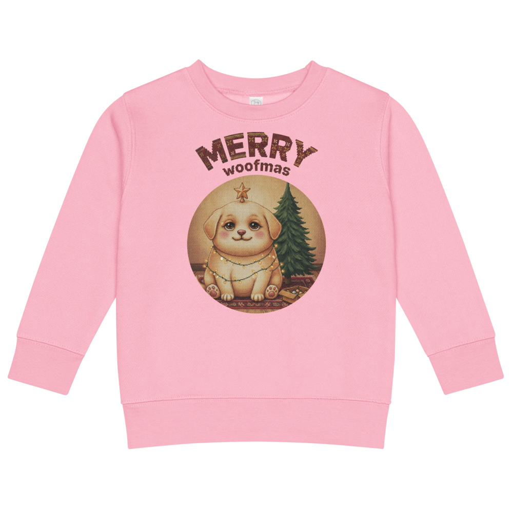 Merry Woofmas Toddler Ugly Christmas Sweater | Kids Crewneck Sweatshirt, Ages 2 to 7 Pink flat