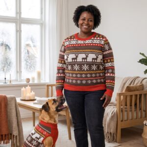 Plus size styling photo, Moose Shetland Matching Christmas Sweaters for Dog and Owner