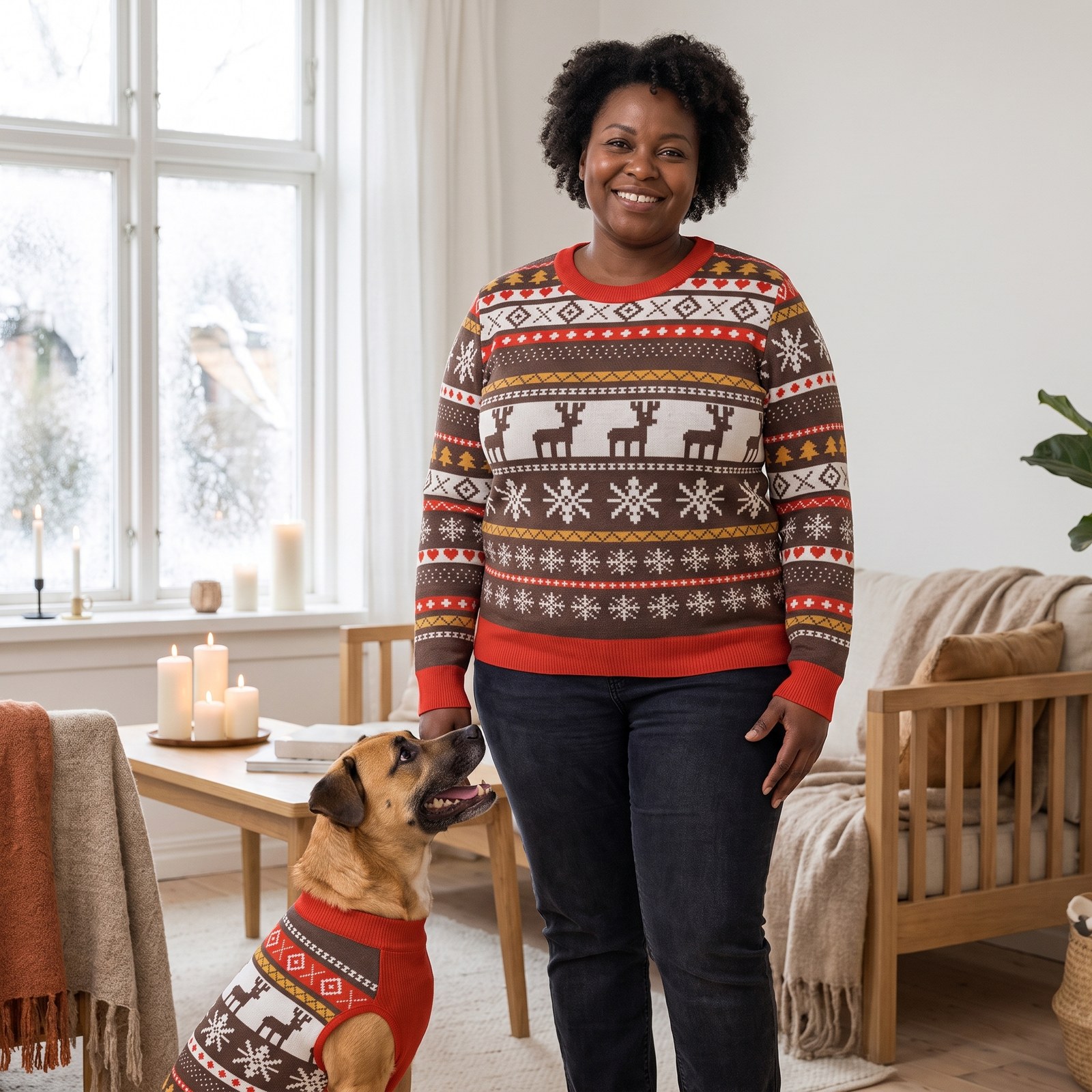 Plus size styling photo, Moose Shetland Matching Christmas Sweaters for Dog and Owner
