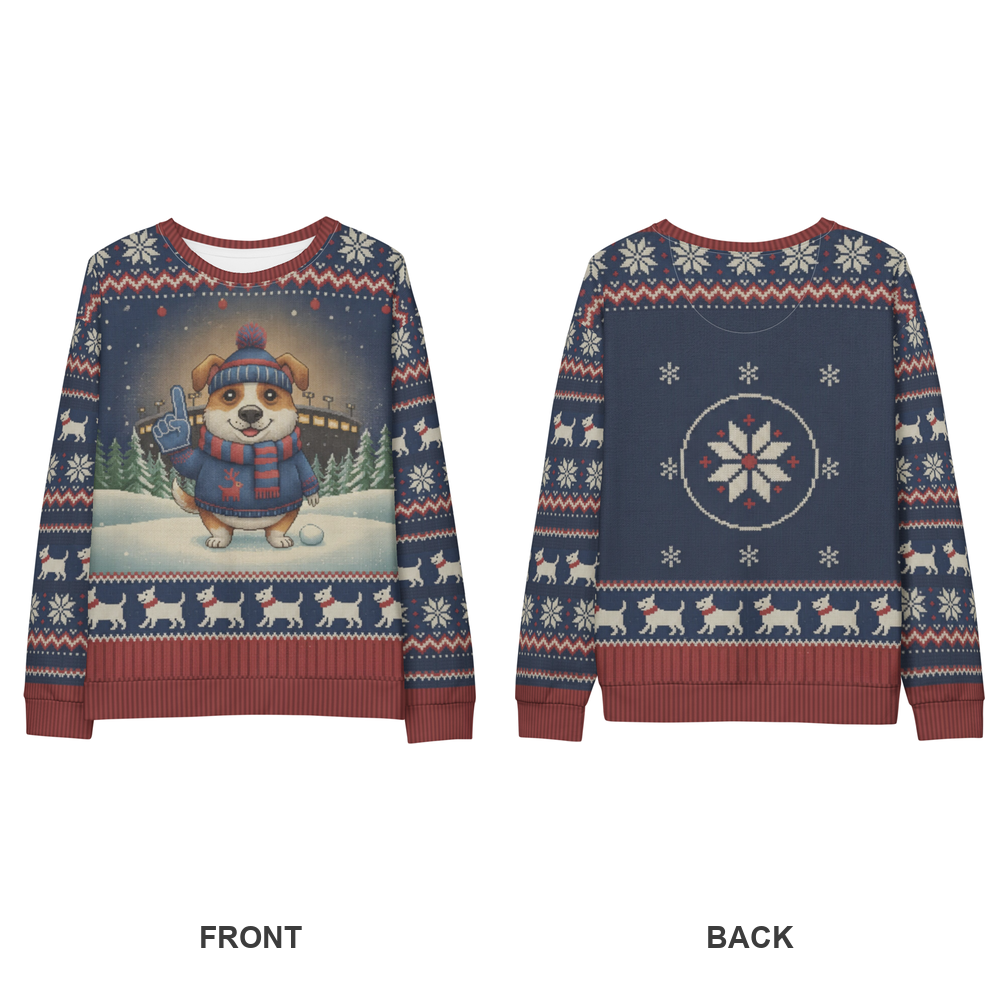 New York Blue Fan ugly Christmas sweatshirt, front and back