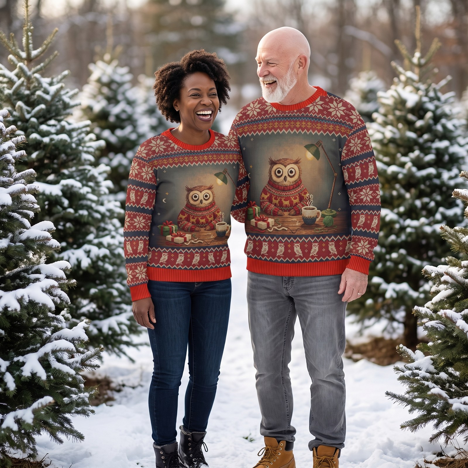 Styling photo, Night Owl Matching Ugly Christmas Sweaters for Couples