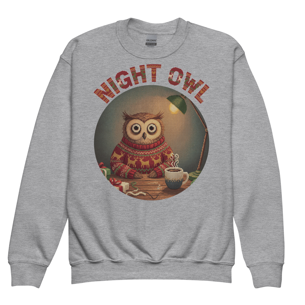 Night Owl Kids Ugly Christmas Sweater | Youth Crewneck Sweatshirt Sport Grey flat