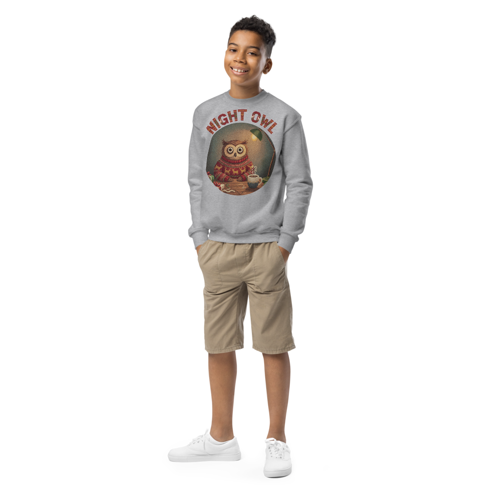 Night Owl Kids Ugly Christmas Sweater | Youth Crewneck Sweatshirt Sport Grey on-model boy