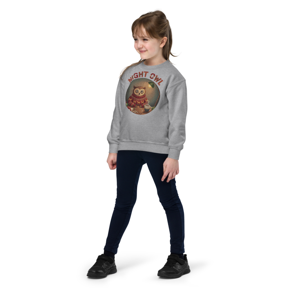 Night Owl Kids Ugly Christmas Sweater | Youth Crewneck Sweatshirt Sport Grey on-model girl