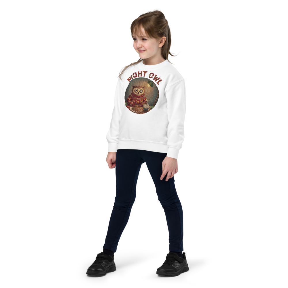 Night Owl Kids Ugly Christmas Sweater | Youth Crewneck Sweatshirt White on-model girl