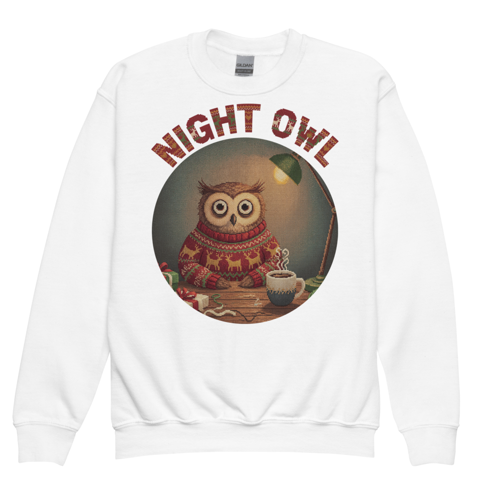 Night Owl Kids Ugly Christmas Sweater | Youth Crewneck Sweatshirt White flat