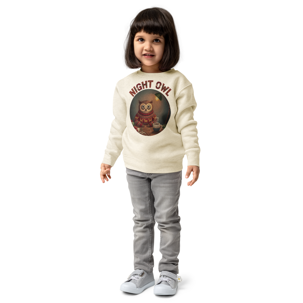 Night Owl Toddler Ugly Christmas Sweater | Kids Crewneck Sweatshirt, Ages 2 to 7 Natural Heather on-model girl