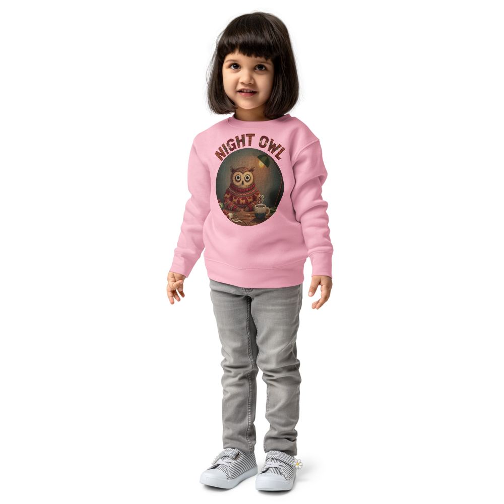 Night Owl Toddler Ugly Christmas Sweater | Kids Crewneck Sweatshirt, Ages 2 to 7 Pink on-model girl