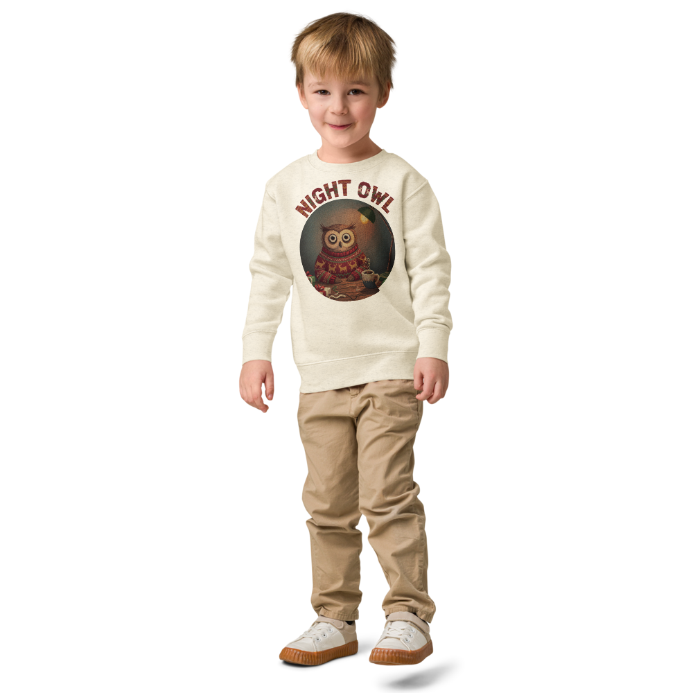 Night Owl Toddler Ugly Christmas Sweater | Kids Crewneck Sweatshirt, Ages 2 to 7 Natural Heather on-model boy