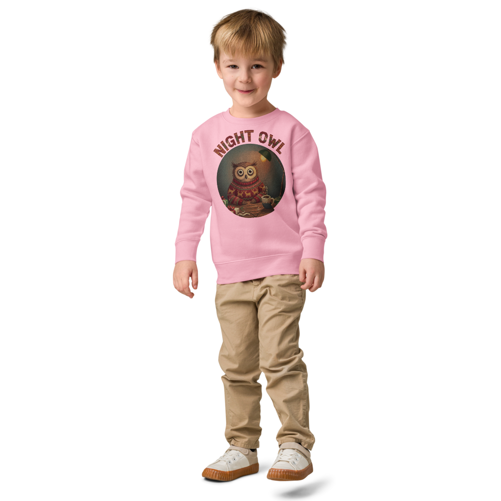 Night Owl Toddler Ugly Christmas Sweater | Kids Crewneck Sweatshirt, Ages 2 to 7 Pink on-model boy