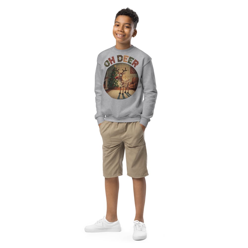 Oh Deer Kids Ugly Christmas Sweater | Youth Crewneck Sweatshirt Sport Grey on-model boy
