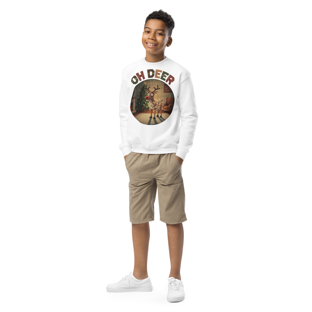 Oh Deer Kids Ugly Christmas Sweater | Youth Crewneck Sweatshirt White on-model boy