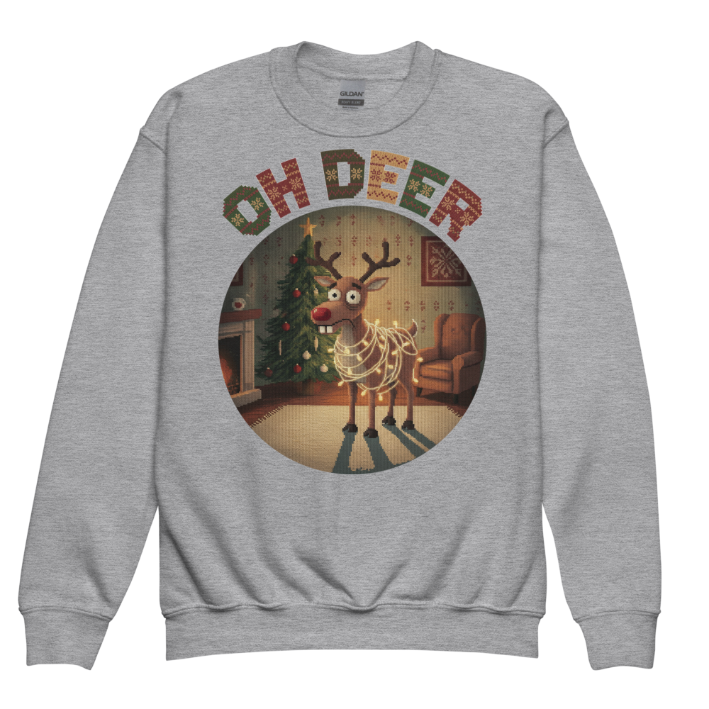 Oh Deer Kids Ugly Christmas Sweater | Youth Crewneck Sweatshirt Sport Grey flat