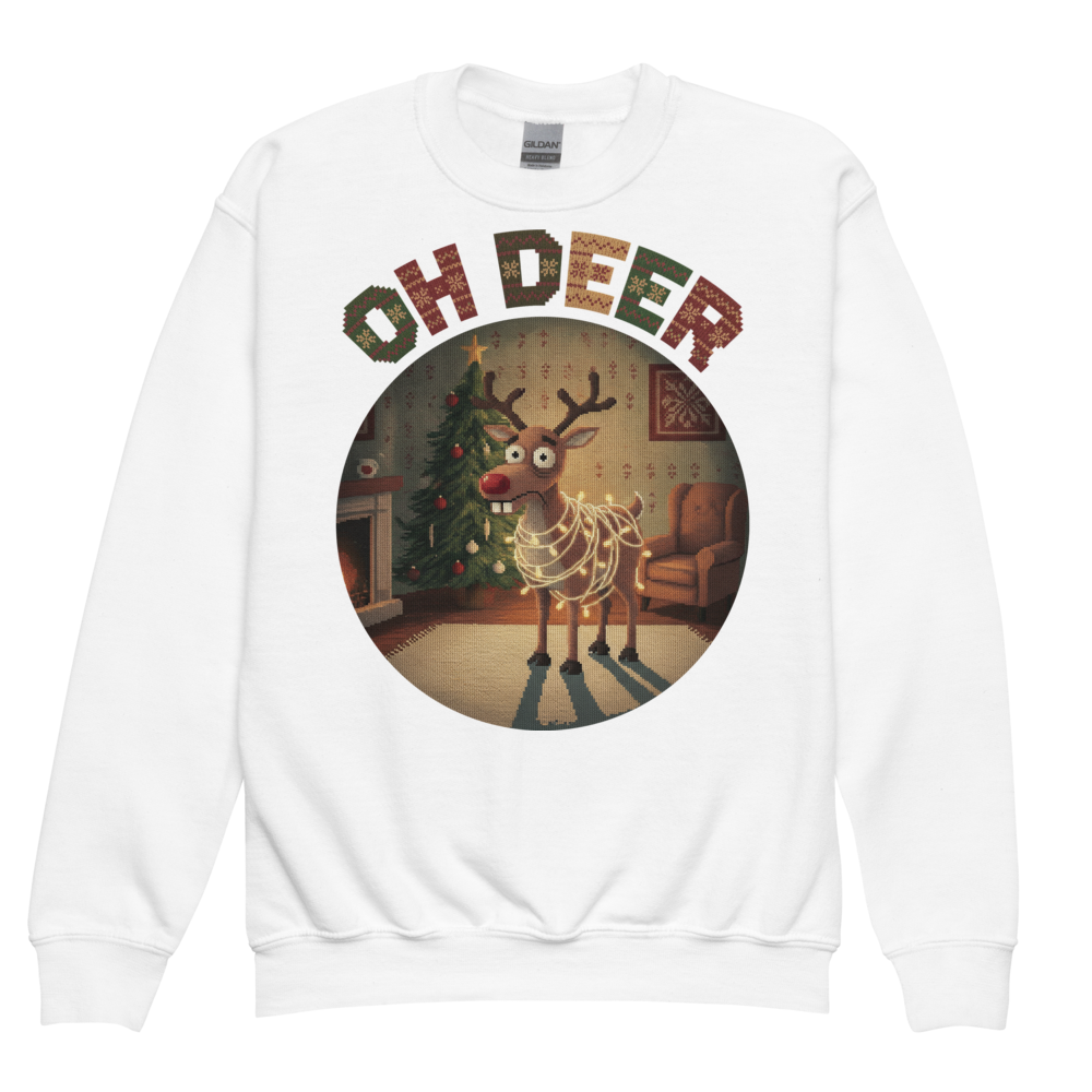 Oh Deer Kids Ugly Christmas Sweater | Youth Crewneck Sweatshirt White flat