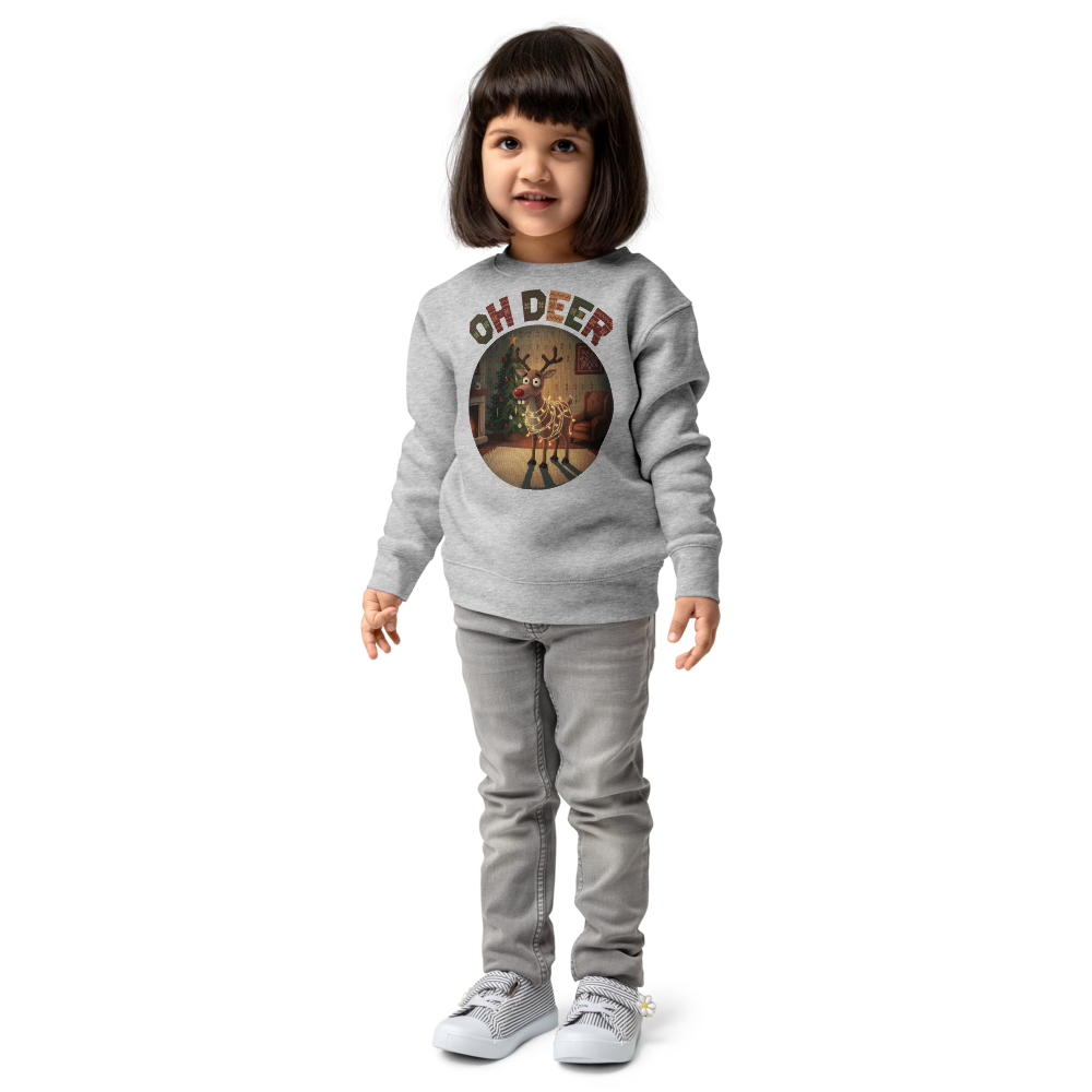 Oh Deer Toddler Ugly Christmas Sweater | Kids Crewneck Sweatshirt, Ages 2 to 7 Heather on-model girl